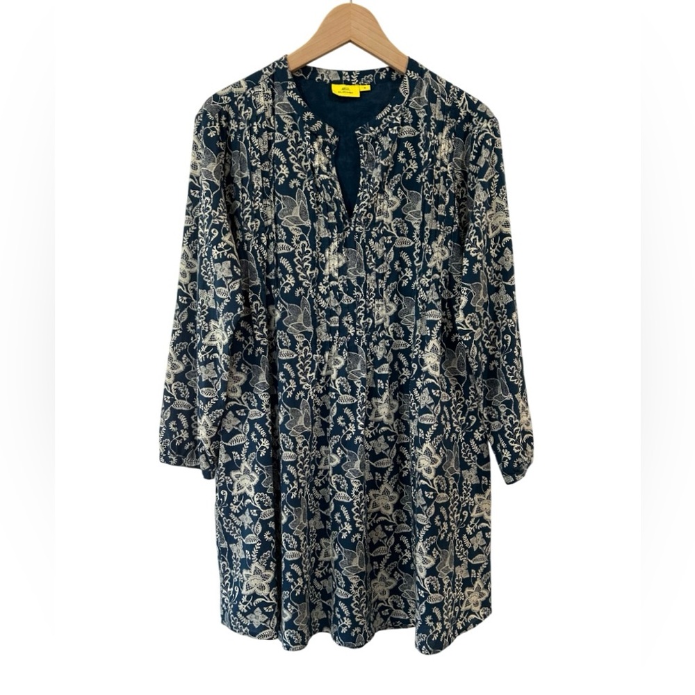 Roller Rabbit Women's pleated floral Dress M blue beige cotton floral boho